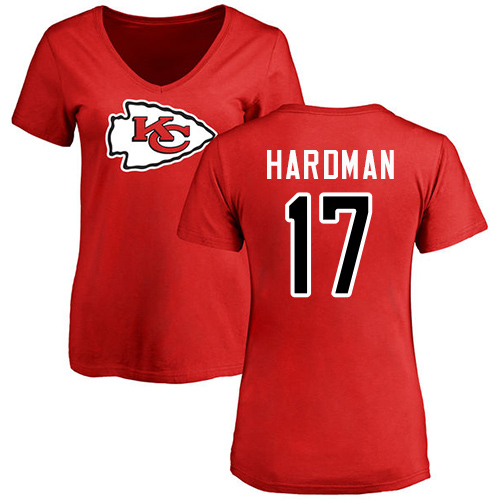 Women Football Kansas City Chiefs #17 Hardman Mecole Red Name and Number Logo Slim Fit T-Shirt->kansas city chiefs->NFL Jersey